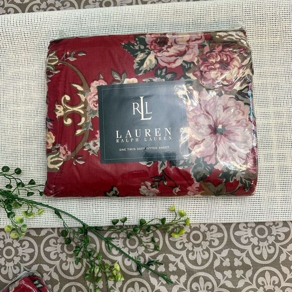 Lauren Ralph‎ Lauren Marseilles Floral Red Deep Fitted Sheet Twin Vntge New - Picture 1 of 5